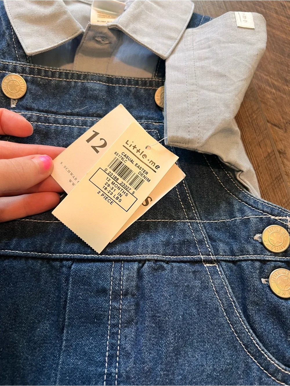 Little Me Navy Denim Short Overalls with Light Gray Polo